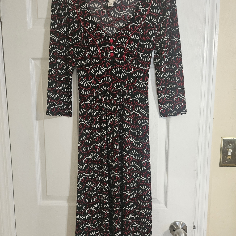 Merona Black Long Sleeve Floral-Print Midi Dress with Red & White Accents